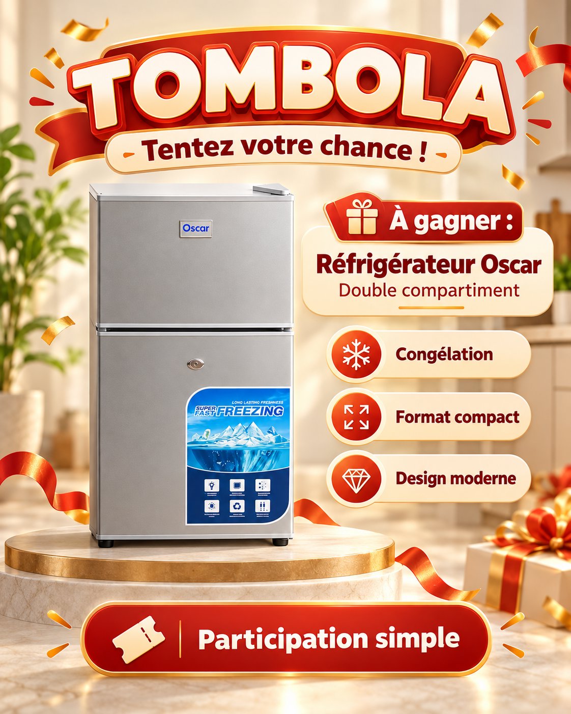 Réfrigérateur Oscar double compartiment – finition argentée