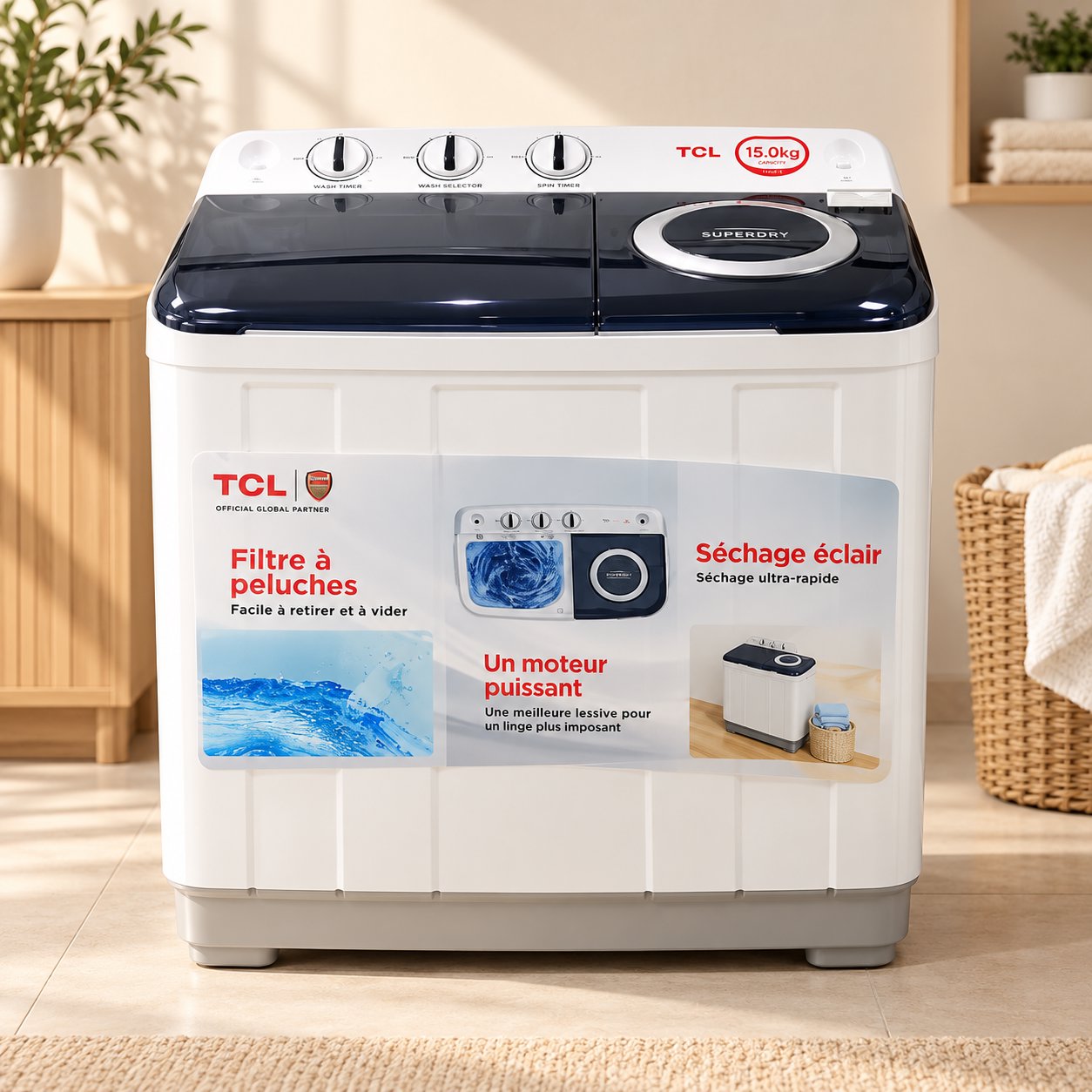     Machine à laver TCL double cuve – 15 kg