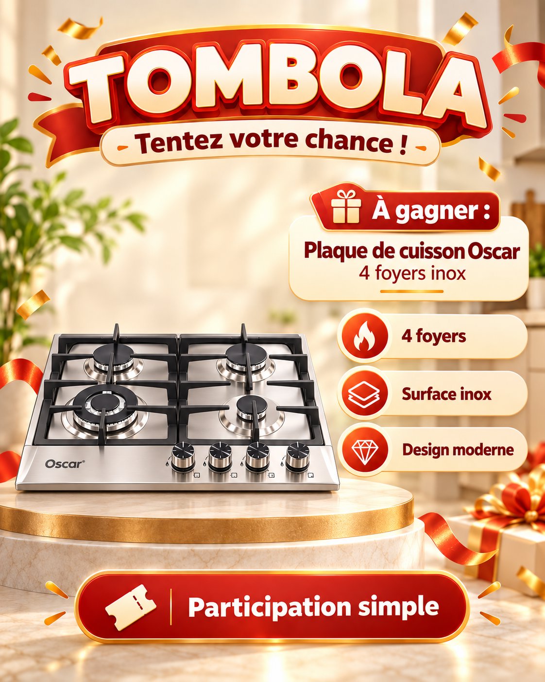 Plaque de cuisson à gaz Oscar – 4 foyers