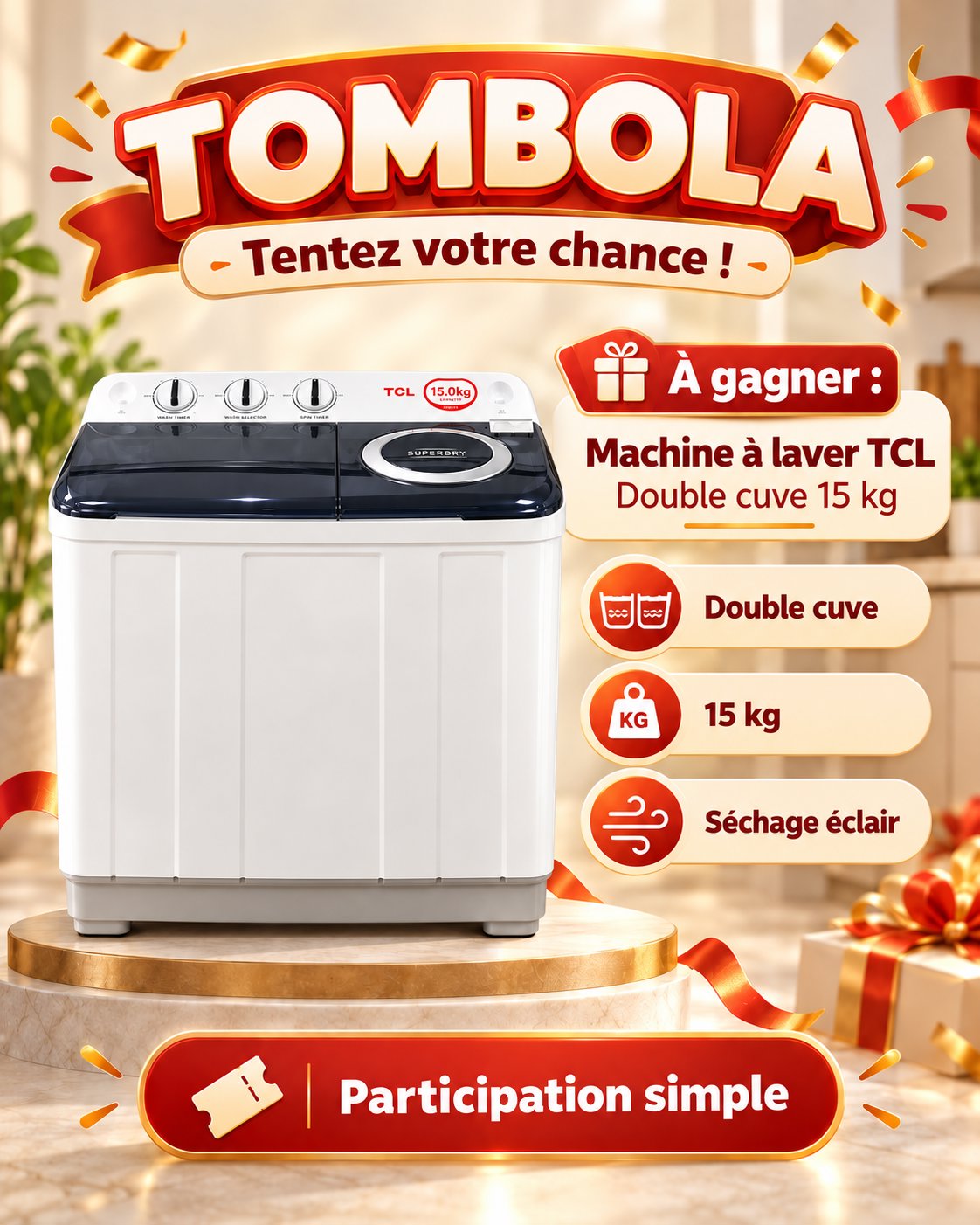 Machine à laver TCL double cuve – 15 kg